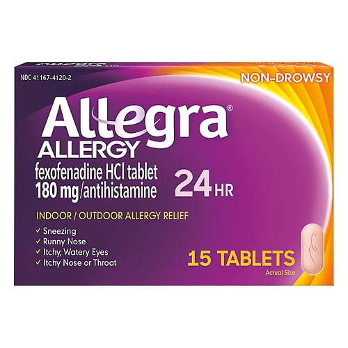 Image for Allegra Allergy Relief, Indoor/Outdoor, Non-Drowsy, 24 Hrs, Tablets,15ea from Keyes Drug
