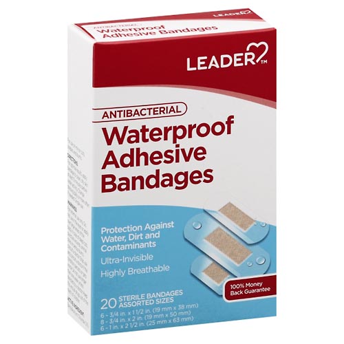 Image for Leader Adhesive Bandages, Antibacterial, Waterproof, Assorted Sizes,20ea from Keyes Drug
