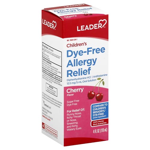 Image for Leader Allergy Relief, Dye-Free, Children's, Cherry,4oz from Keyes Drug