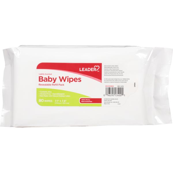 Image for Leader Baby Wipes, Lightly Scented, Resealable, Refill Pack, 80ea from Keyes Drug