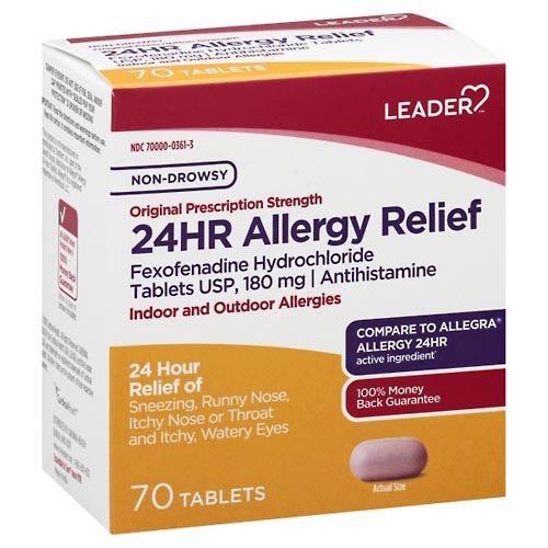 Image for Leader Allergy Relief, 24 Hr, Non-Drowsy, Original Prescription Strength, Tablets,70ea from Keyes Drug