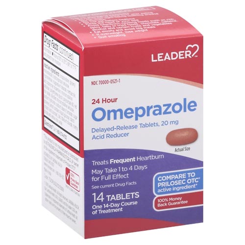Image for Leader Omeprazole, 24 Hour, 20 mg, Delayed-Release Tablets,14ea from Keyes Drug