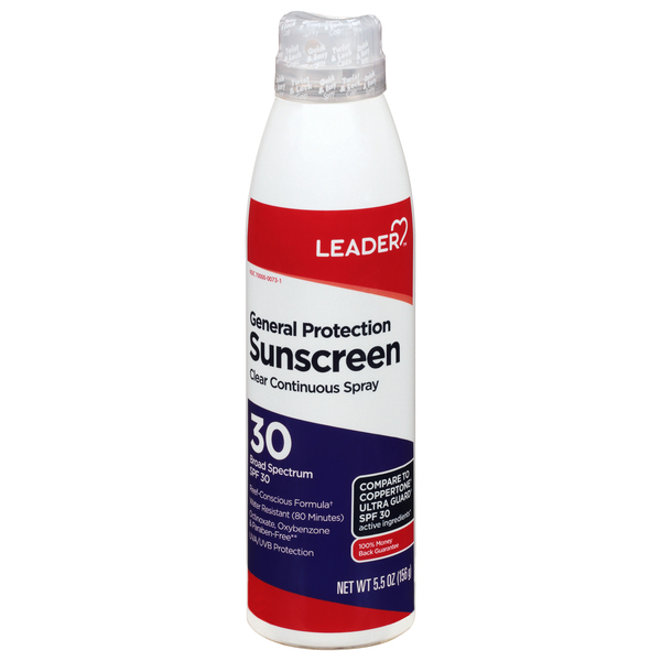 Image for Leader Sunscreen, Clear Continuous Spray, Broad Spectrum SPF 30,5.5oz from Keyes Drug