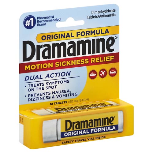 Image for Dramamine Motion Sickness Relief, Original Formula, 50 mg, Tablets,12ea from Keyes Drug